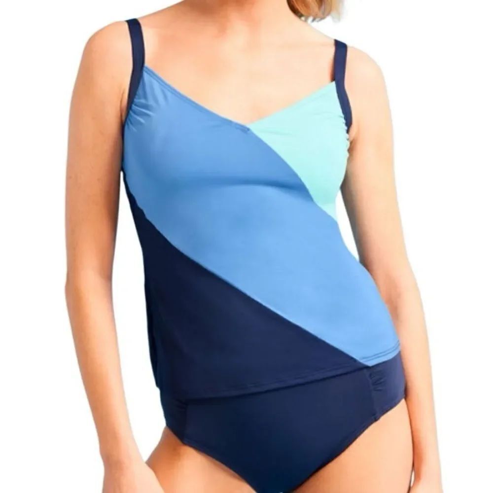 Talbots SUN OCEAN SAND COLORBLOCK V-NECK TANKINI Top Size 16